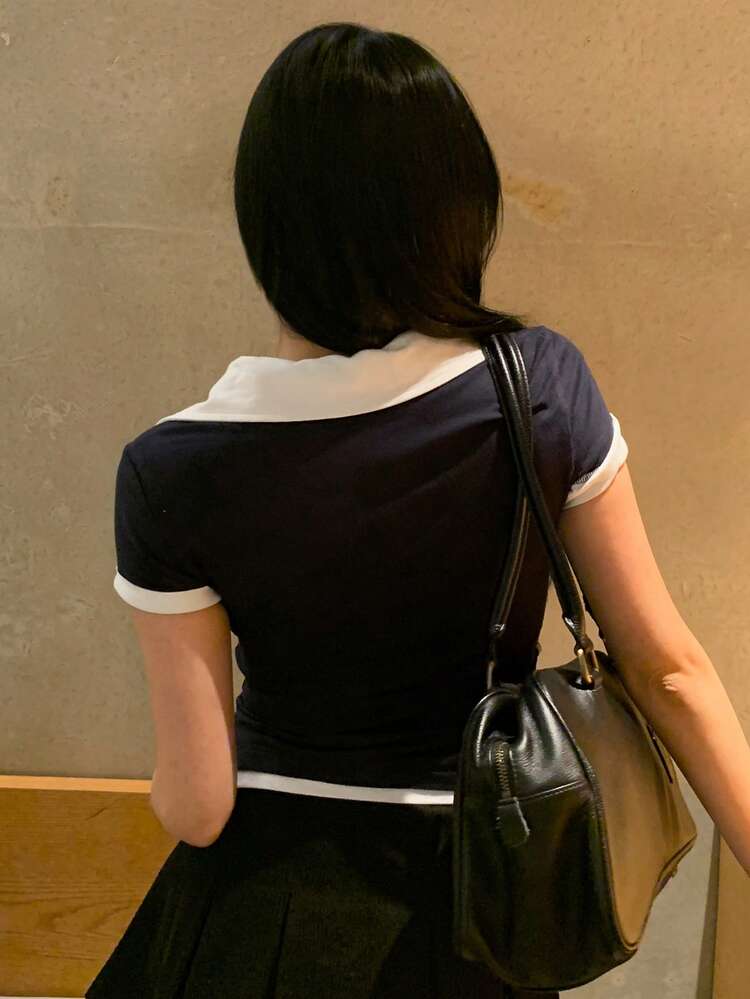 Women's Patchwork Contrast Color 2 In 1 Short Sleeve Polo Collar Casual Vacation Summer Top