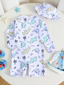 SHEIN Bubblio 男童休闲可爱趣味海洋贝壳印花长袖泳衣套装，含泳帽，适合春夏穿着，居家、外出、旅行、海滩、泳池、派对等场合。 - 藍白色 - 查看 5