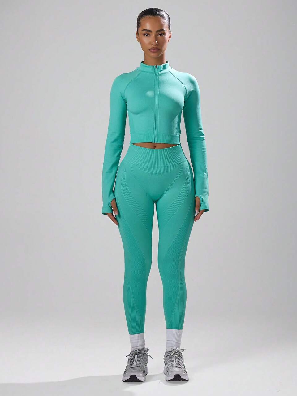Active Stitched Seam Detail Cropped Long Sleeve Full Zip Top Jacket , Padel, Tennis, Pickleball Gym Fitness Winter