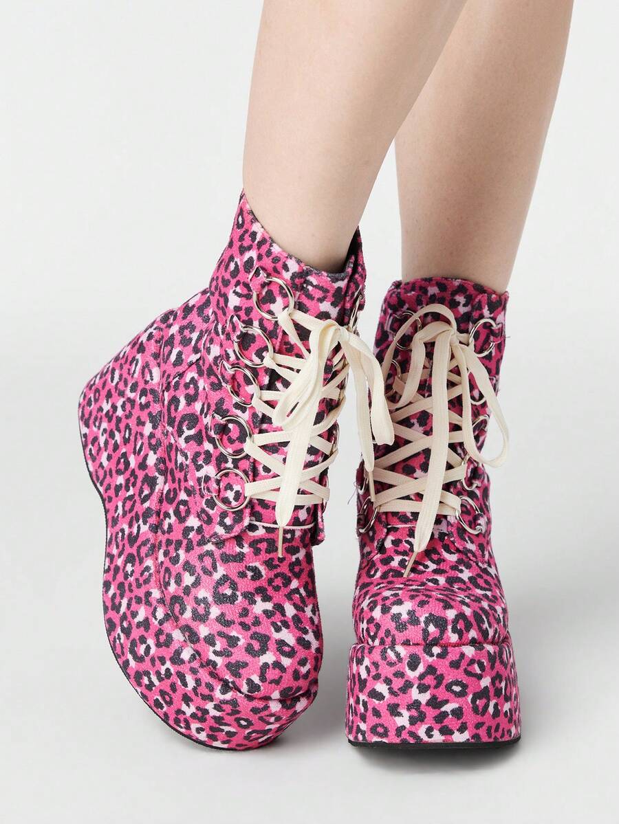 ROMWE Kawaii Women's Y2K Punk Gothic Lace-Up Fluffy Platform Ankle Boots Y2K - Red leopard print - View 1