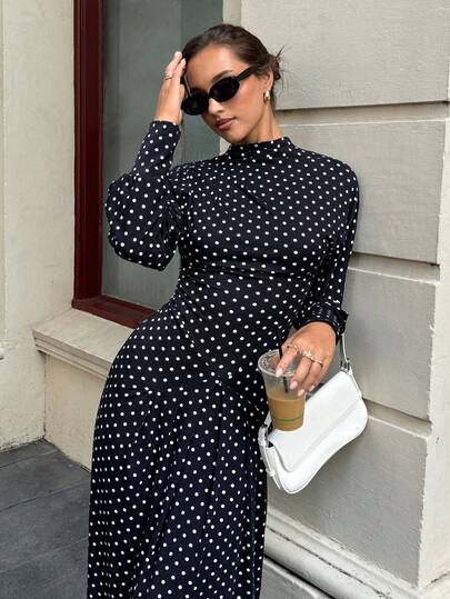 Siren Gaze Women's Elegant Black Polka Dot Draped Collar Exposed Shoulder Dress, Backless Long Dress, Wedding Guest Formal Gown, Polka Dot Dress Women, Polka Dot Maxi Dress, Dress Modest, Party Dress, Wedding Guest Dress, Graduation Dress, Birthday Outfits, Luxury Dress, Casual Long Dress, Black Dress Long Sleeve Elegant Dress Black And White Polka Dot Dress Elegant Polka Dot Dress Long Sleeve Midi Dress