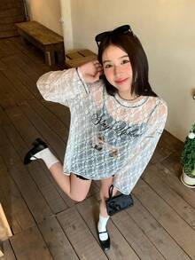 DAZY Women's Lace Long Sleeve Contrast Color Print Korean Style Top - White - View 7