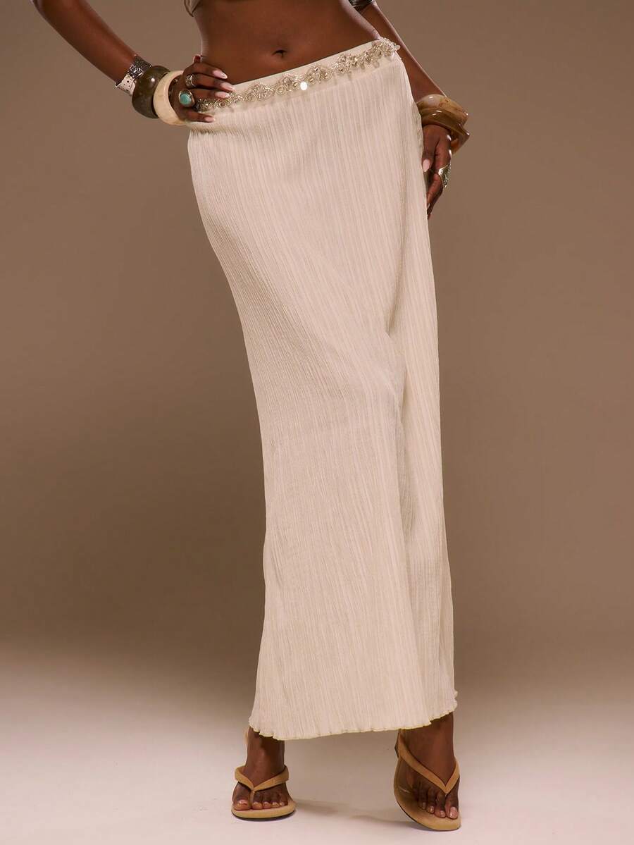 MUSERA Low Rise Embellished Trim Loose Fit Maxi Skirt Spring Summer Vacation Beach Elegant Ibiza Festival Holiday Tajine - Khaki - View 1