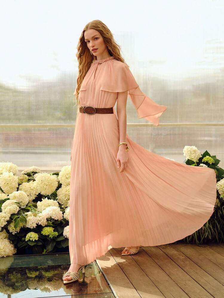 WOMEN'S ROMANTIC CHIFFON KEYHOLE NECK PLEATED HEM CAPE DRESS, STRUCTURAL DESIGN, SPRING/SUMMER