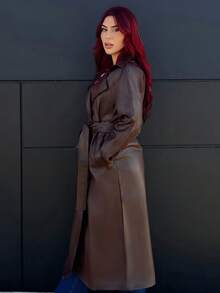 Bearsaez 秋冬女式常规剪裁 PU 皮夹克，撞色翻领、领带、腰带 - 咖啡棕 - 查看 5