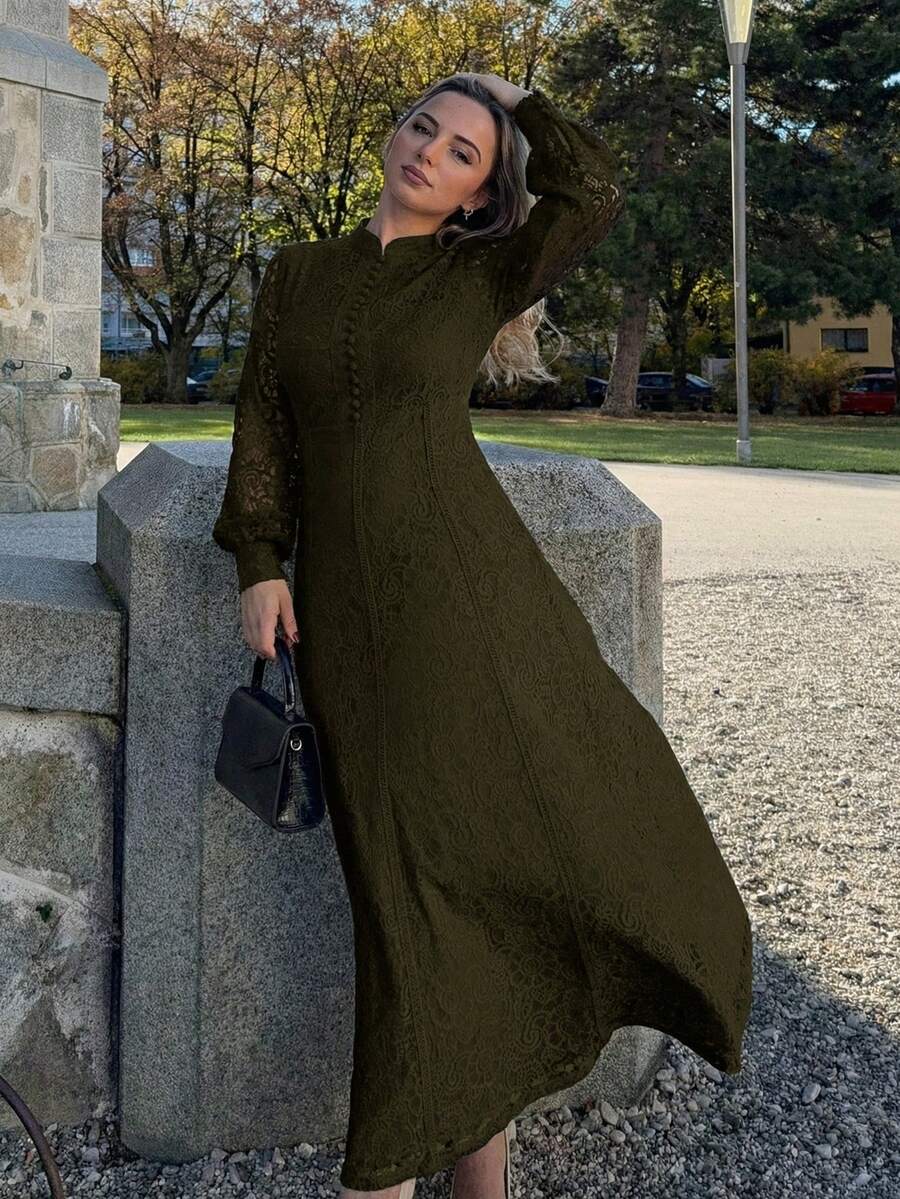 Jeta Ari 春季、节日、女士服装 女士长袖蕾丝酒红色连衣裙 长款女士服装 - 軍綠色 - 查看 1