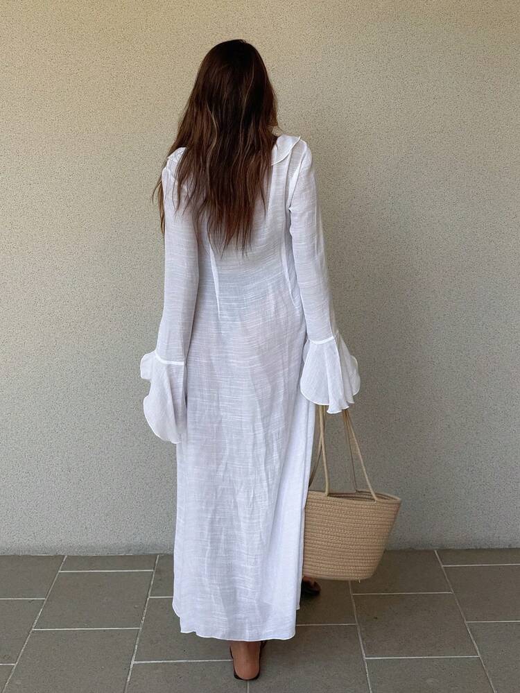 Women's White Ruffled Beach Cover-Up, Romantic Seaside Holiday Outfit