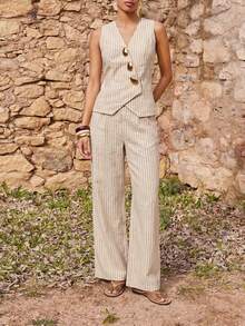 Maija Blazer sin mangas con hebilla de metal a rayas de moda para mujer, verano - Caqui - Ver 3