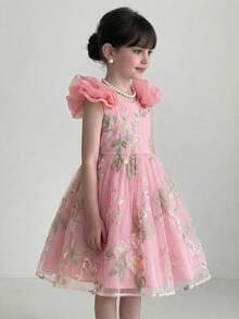 SHEIN Young Girl Ruffle Embroidered Bow Decor Dress Tea Party Girls Dress Girls Pink Elegant Dress, Young Girls - Pink - View 4