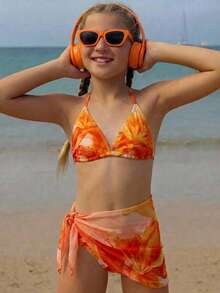 3pcs Tween Girls Casual Vacation Orange Floral Print Swimsuit, Swimwear Bottoms & Tie-Front Skirt Set, Beach Holiday, Summer Swimwear - Yellow - View 1