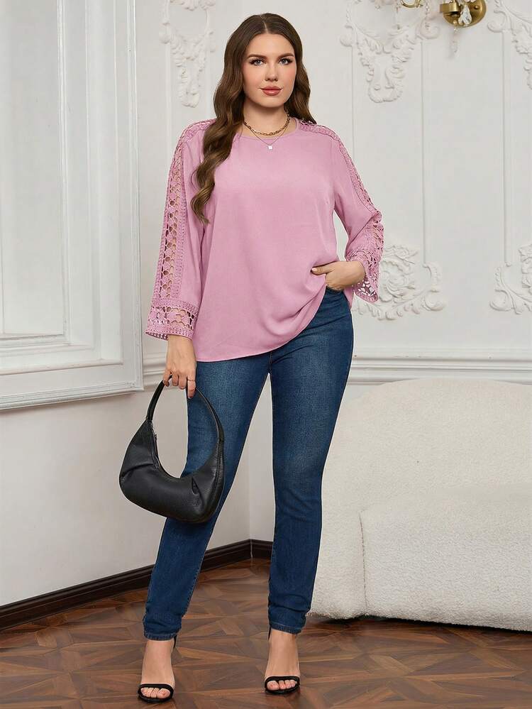 Plus Size Solid Color Hollow Round Neck Casual Long Sleeve Shirt