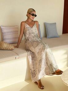 Livesso Geometric Print Bohemian Casual Vacation Beach Elegant Commute Loose Spaghetti Strap Dress For Women, Spring & Summer - Apricot - View 7