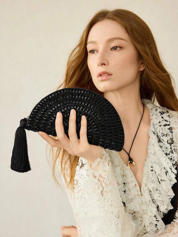 HANDMADE BEADED EVENING BAG, BLACK TASSEL CLUTCH, ELEGANT CHAIN