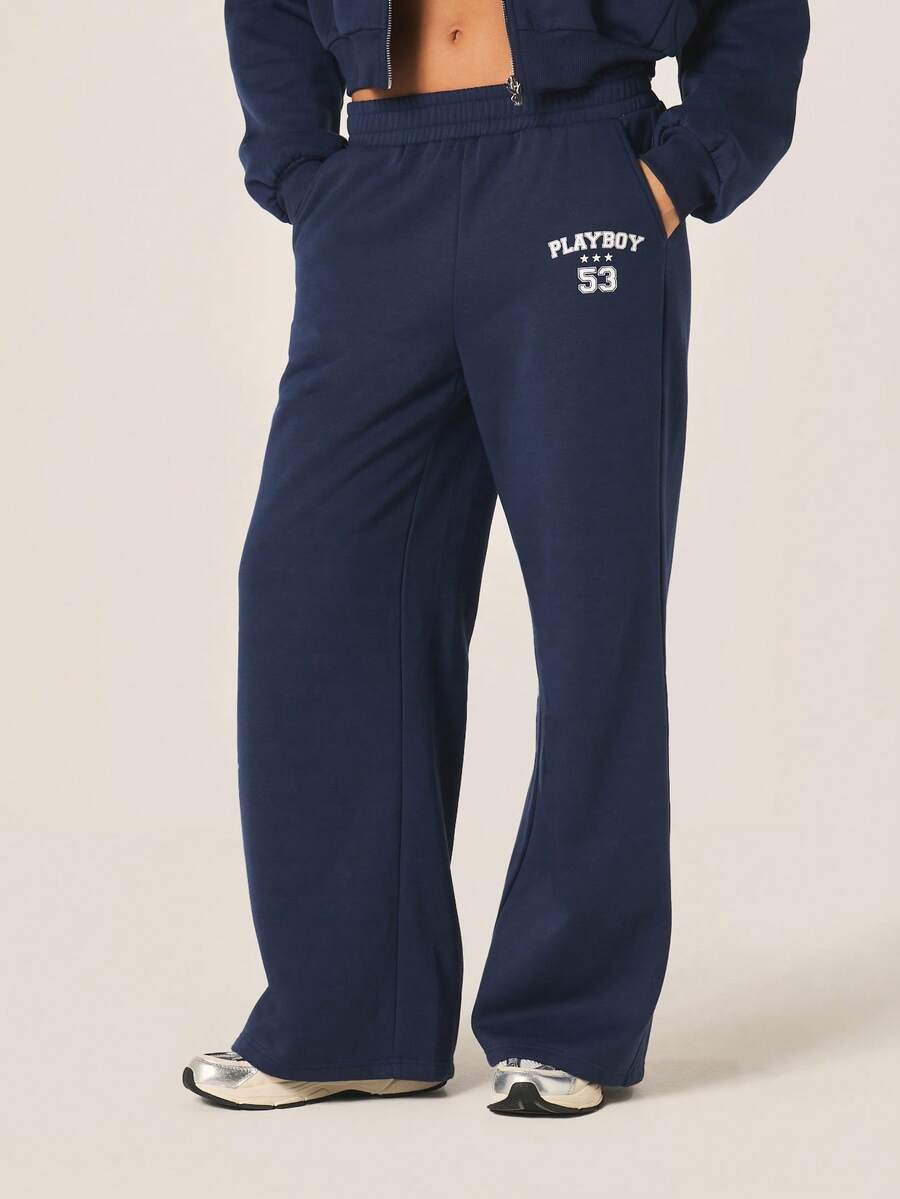 Missguided x Playboy Quần jogger ống rộng, quần thể thao thường ngày có in logo, cạp chun co giãn, dáng rộng thoải mái, thích hợp mặc ở nhà. - Màu xanh lam - Xem 1