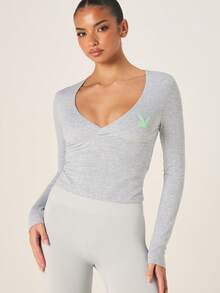 Missguided x Playboy Long Sleeve Ruched Front V-Neck Fitted Top With Green Logo Detail For Women Fall Winter Layering Basic Tee - Grey - View 1