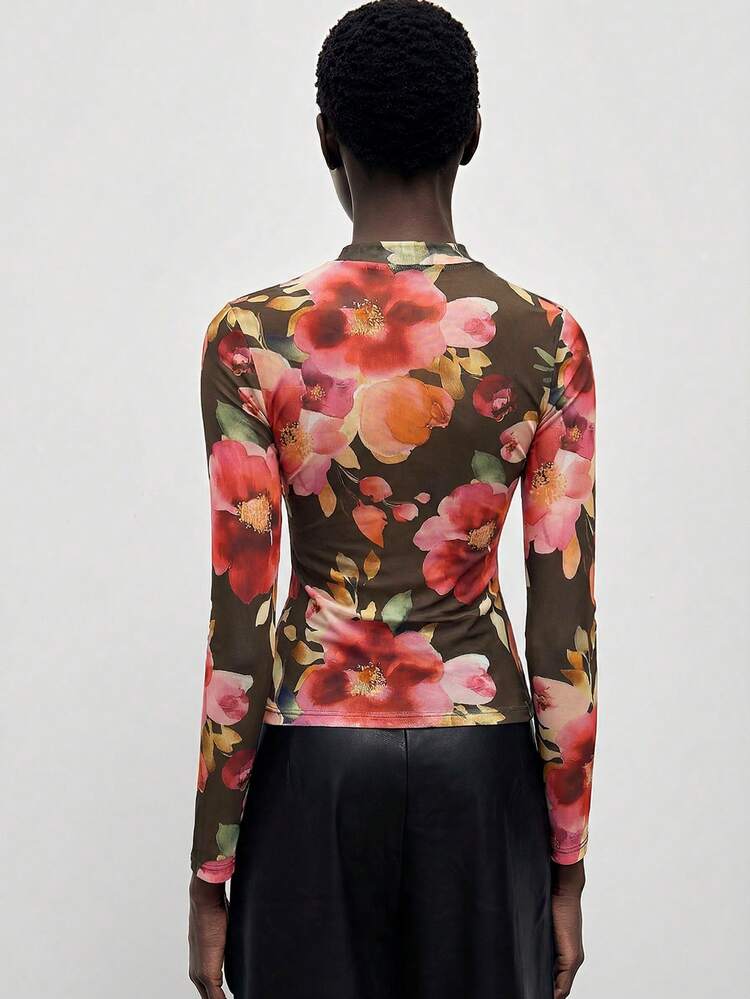 SHEIN Maija 2026 Spring/Summer Brown Floral Fitted Long Sleeve Top,Seductive Night Out Fashionable Blouse,Chic Elegant Urban Commute 90s Party Top