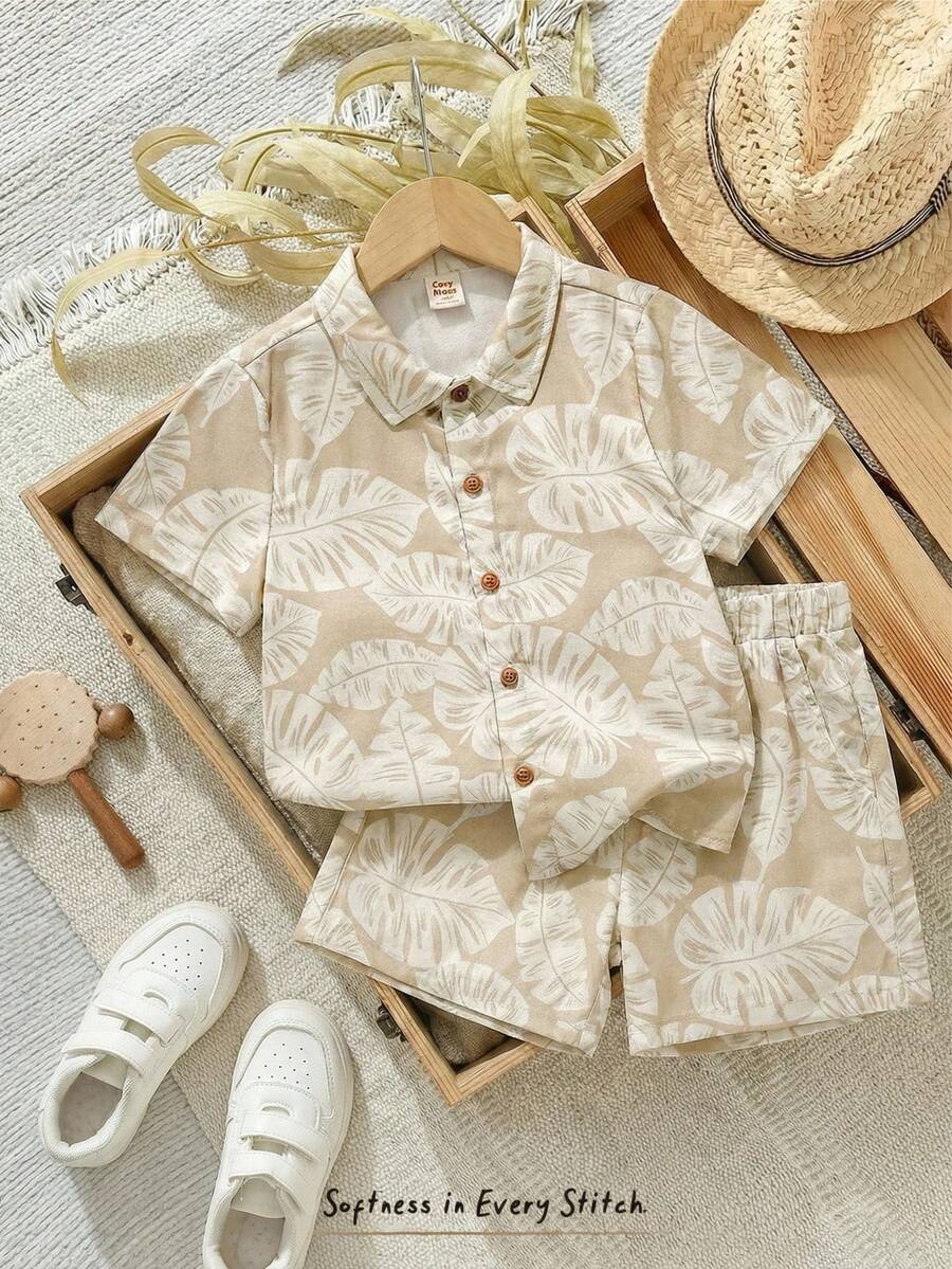 Cozy Pixies Young Boys' Casual Apricot Coconut Tree Print Polo Short Sleeve Cardigan Shirt & Elastic Waist Shorts Set,Summer,Beach,Holiday,Spring Outing Vacation - Khaki - View 1