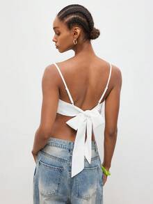 Maija Women's Backless Spaghetti Strap Tank Top With Tassel Hem,White And Silver Summer Boho Rave,Elegant Beach Party Vacation Festival Outfits Tops - Multicolor - View 2