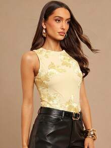 Silquee Women's Beige 3D Floral Embroidery Sleeveless Bodysuit,Seductive Elegant Summer Outerwear,Party Wedding Bridesmaid Cocktail Formal Occasion - Yellow - View 3