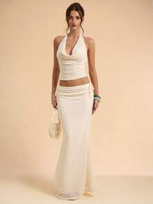 SHEIN BAE 女士串珠露背纹理上衣，春夏款 - 杏色 - 查看 3