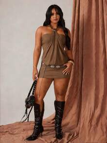 Rustia Conjunto de vestido con top corto sin tirantes y minifalda ajustado de estilo americano para mujer - Marrón Chocolate - Ver 4