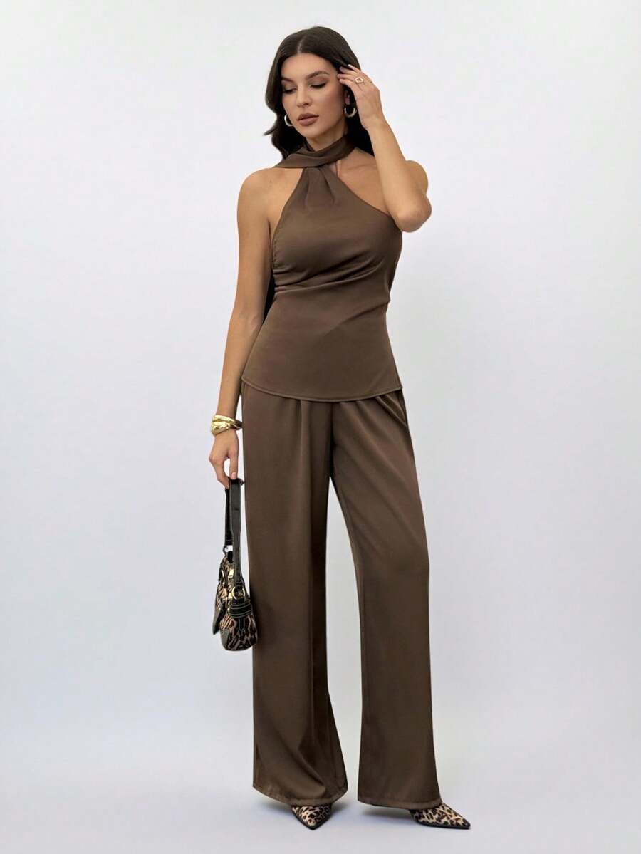 SHEIN Tall 露背系带+收腰上衣，女士低腰休闲复古缎面百搭棕色美拉德色长款上衣