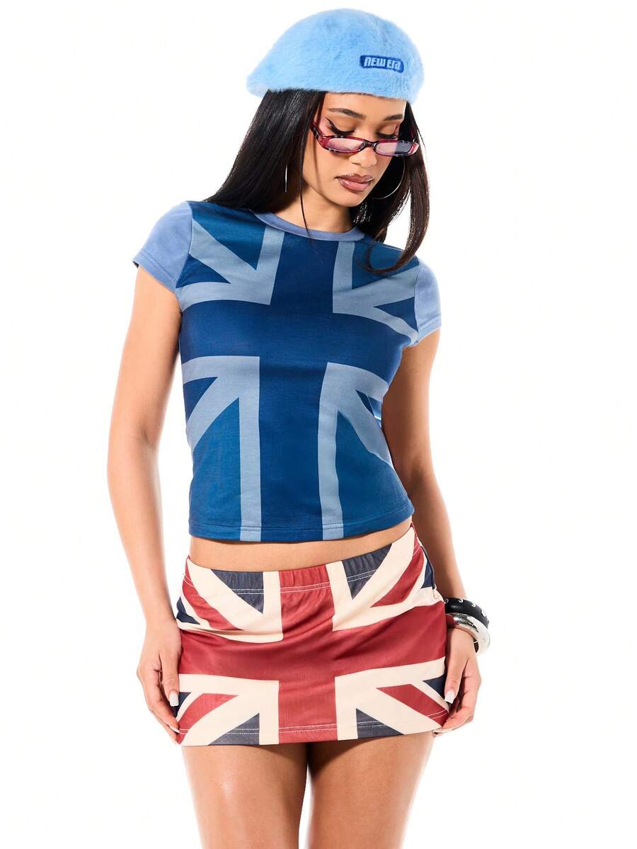 SUMWON WOMEN 女士米字旗英国国旗印花迷你裙，爱国英国国旗图案短裙，夏季节日英国骄傲时尚 - 彩色 - 查看 1