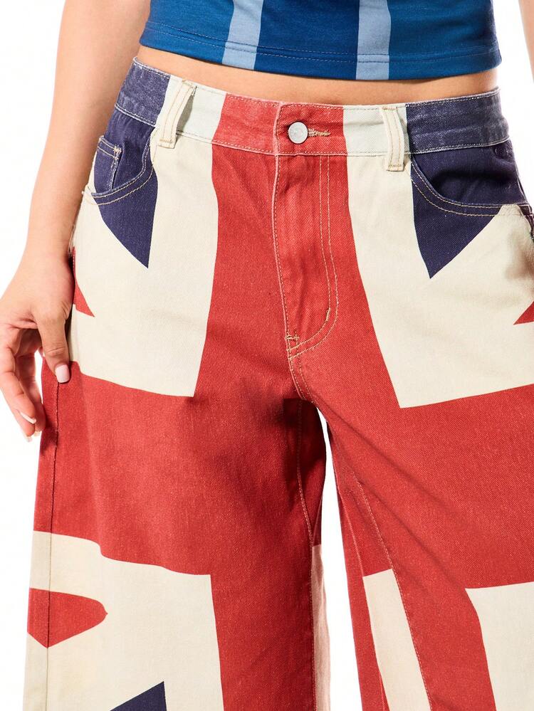 SUMWON WOMEN Union Jack Denim Wide Leg Jorts With Frayed Hem