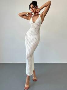 Firerie Women's Sexy Spaghetti Strap V-Neck Hollow Out Wooden Bead Fitted Knit Dress, Vacation Spaghetti Strap Backless Ombre Dress For Holiday, Date, Afternoon Tea, Music Festival, Boho - White - View 4