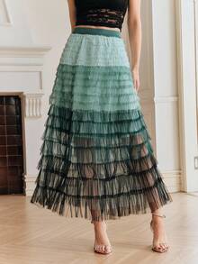 Anewsta Gradient Green Mesh Patchwork Tulle Skirt, Suitable For Party And Daily Wear - Green - View 4
