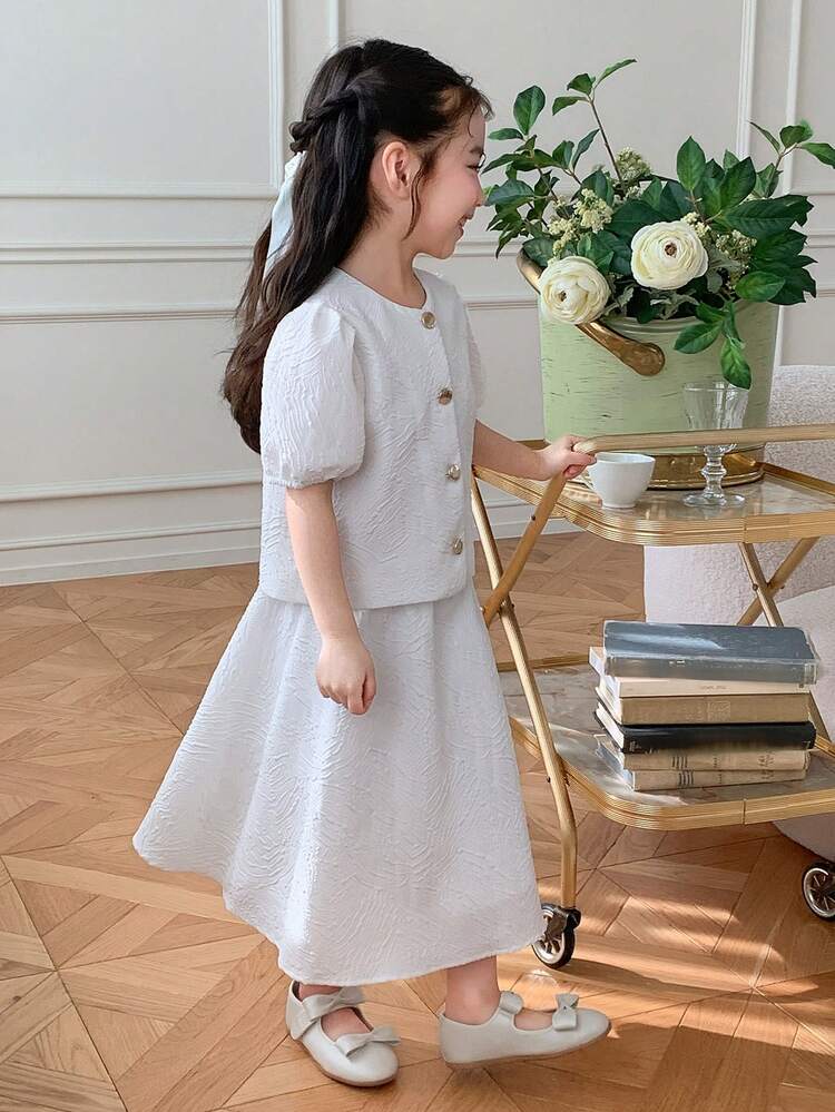 Young Girls Round Neck Elegant Blouse & Loose Skirt Korean Style Outfit