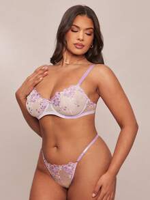 SHEIN BAE 2 件大码女士海军蓝内衣套装，提拉 - 紫色 - 查看 7