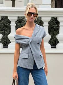 Siren Gaze Women's Solid Color Double-Breasted Asymmetric Collar Fashion Shirt Elegant Wrap Tops For Women - Grey - View 5