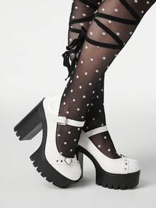 ROMWE Kawaii 女士性感酒红色铆钉双带厚底高跟鞋，春秋季时尚闭趾铆钉心形搭扣高跟鞋，夜店派对厚底防水粗跟玛丽珍鞋，圣诞节 - 糯米白色 - 查看 6