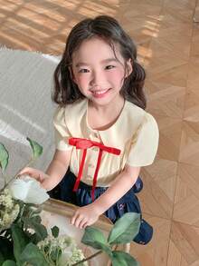 DAZY Young Girls Turndown Collar Solid Color Short Sleeve Shirt Summer - Yellow - View 6