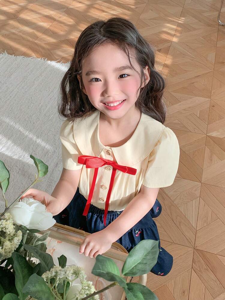 Young Girls Turndown Collar Solid Color Short Sleeve Shirt Summer