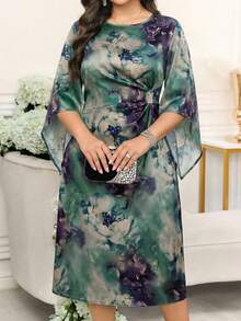 Reflora 大码女式印花圆领喇叭袖优雅连衣裙 - 綠色 - 查看 9