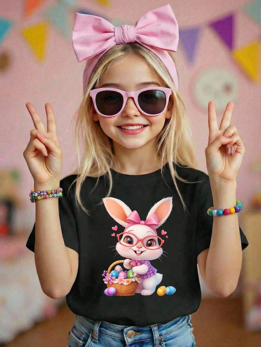 Camiseta casual de manga corta y cuello redondo con estampado de conejo de dibujos animados para niñas jóvenes - Albaricoque - Ver 1