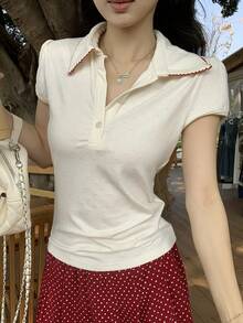 DAZY 女士翻领短袖修身Polo衫 - 白色 - 查看 1