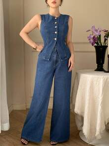 DAZY 女士圆领单排扣上衣搭配喇叭裤休闲牛仔套装，适合日常穿着 - 中等水洗藍 - 查看 6