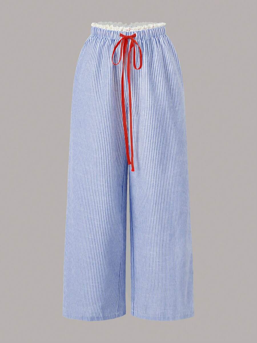 SHEIN EZwear 女士休闲条纹高腰宽松阔腿裤，条纹裤，抽绳裤，阔腿夏季裤，格纹裤，泳衣罩衫裤，女士夏季穿搭，女士春季穿搭，情人节，圣帕特里克节，复活节，女士海滩度假穿搭，外出穿搭，蓝色条纹裤 - 寶藍色 - 查看 1