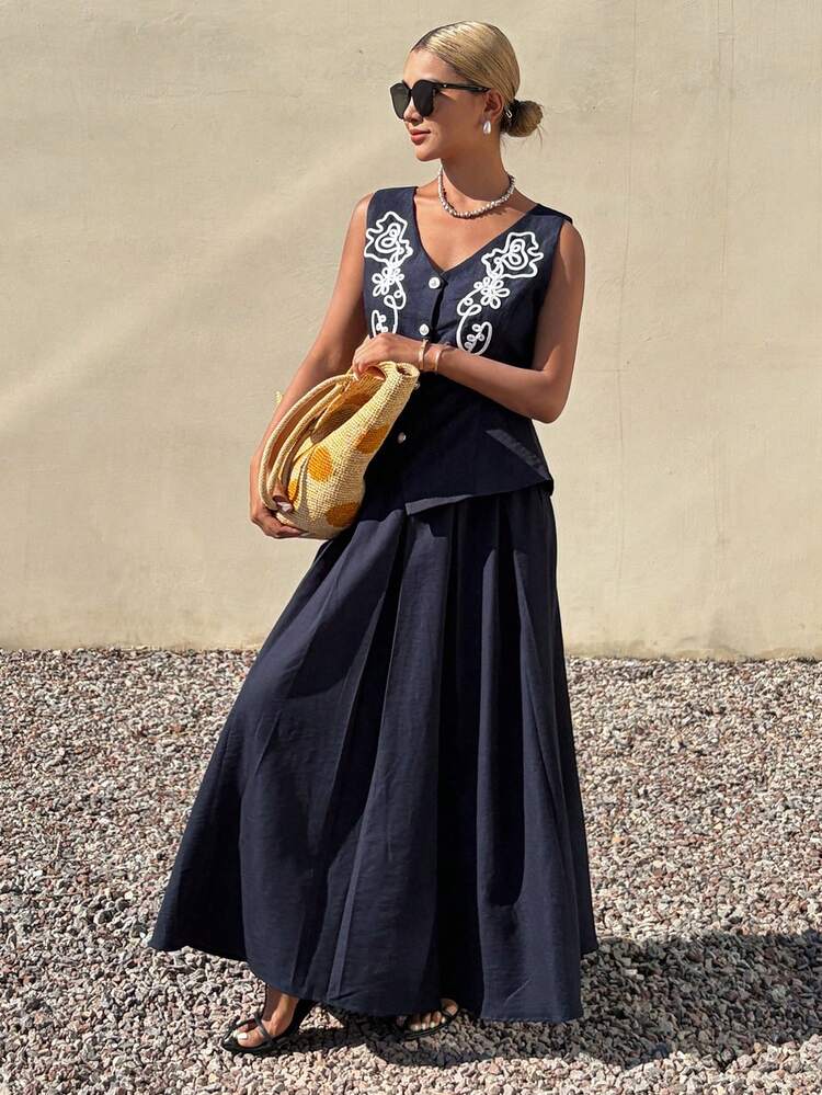 Women's V-Neck Sleeveless Waist Cinched Lace Patchwork Cardigan Top And Long Skirt Elegant Casual 2-Piece Set Summer