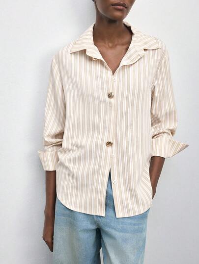 Maija Women's Striped Front Button Casual Loose Versatile Daily Shirt, Summer Clothes, Summer Outfits For Women, Summer Outfit For Women, Spring Clothing, Valentines Day Outfit , Elegant Dresses For Party, Beach Outfits For Women, Going Out Top , Holiday Outfits For Women , Vacation Outfits For Women , Casual Blouses For Women, Striped Metal Buckle Design