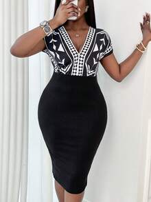 Xyvia Dropped Shoulder Sleeve Print Fabric Patchwork Waist Wrap V-Neck Elegant Romantic Women's Vacation Dress - Multicolor - View 6