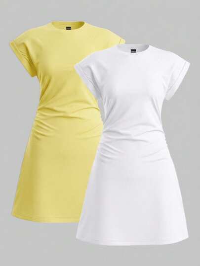SHEIN BASICS 2pcs/Set Casual Solid Color Knit Round Neck Short Sleeve Mini Dress For Women Spring Dresses Dresses For Women Summer Tshirt Dresses Mod Dresses