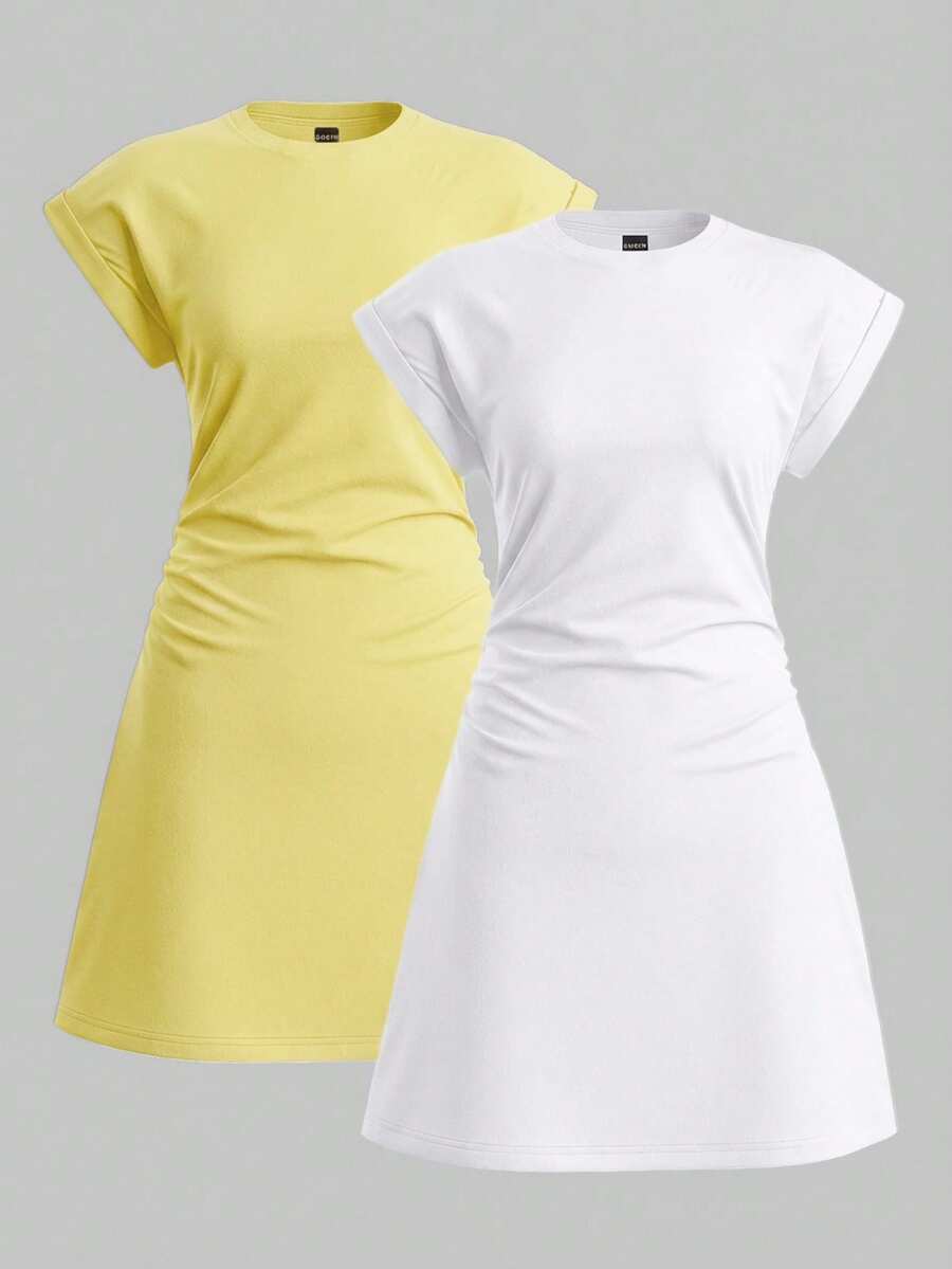 SHEIN BASICS 2pcs/Set Casual Solid Color Knit Round Neck Short Sleeve Mini Dress For Women Spring Dresses Summer Tshirt Mod Dresses/Summer - Multicolor - View 1