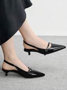 CUCCOO BIZCHIC Giày sandal cao gót mũi nhọn bằng da bóng màu đen dành cho nữ, có quai cài phía sau, kiểu dáng mới, thích hợp cho đi làm hàng ngày, đa năng. - màu đen - Xem 1