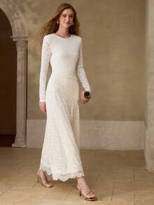 MOTF PREMIUM WOMEN'S ELASTIC FLORAL LACE PATCHWORK A-LINE LONG DRESS, SPRING/SUMMER - Beige - View 6