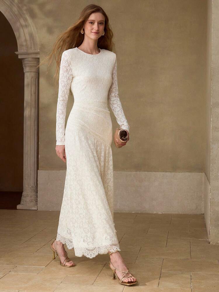 WOMEN'S ELASTIC FLORAL LACE PATCHWORK A-LINE LONG DRESS, SPRING/SUMMER