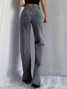 SHEIN Tall 100% 纯棉高腰原边阔腿牛仔裤 - 深灰色 - 查看 4